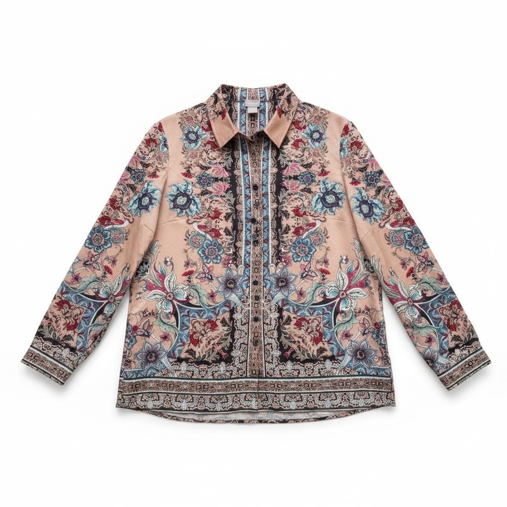 Chicos Womens '2' Peach Satin Paisley Floral Button Down Blouse Top